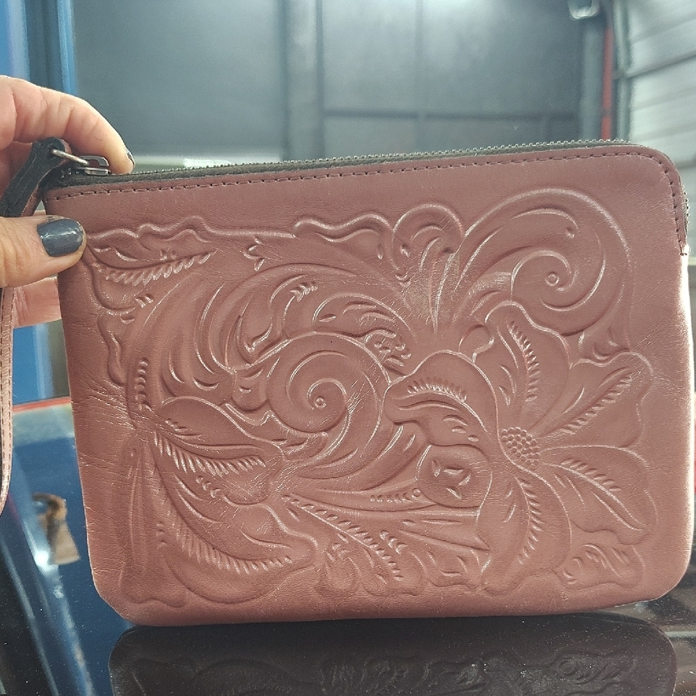 Pink Floral Embossed Wristlet Clutch